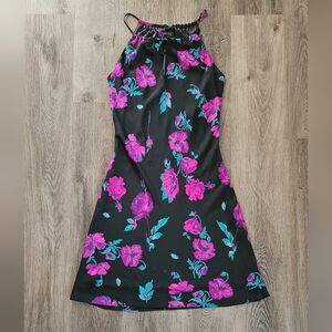 Express Black Apron Neck Keyhole Dress with Pink and Teal Floral Design Vintage